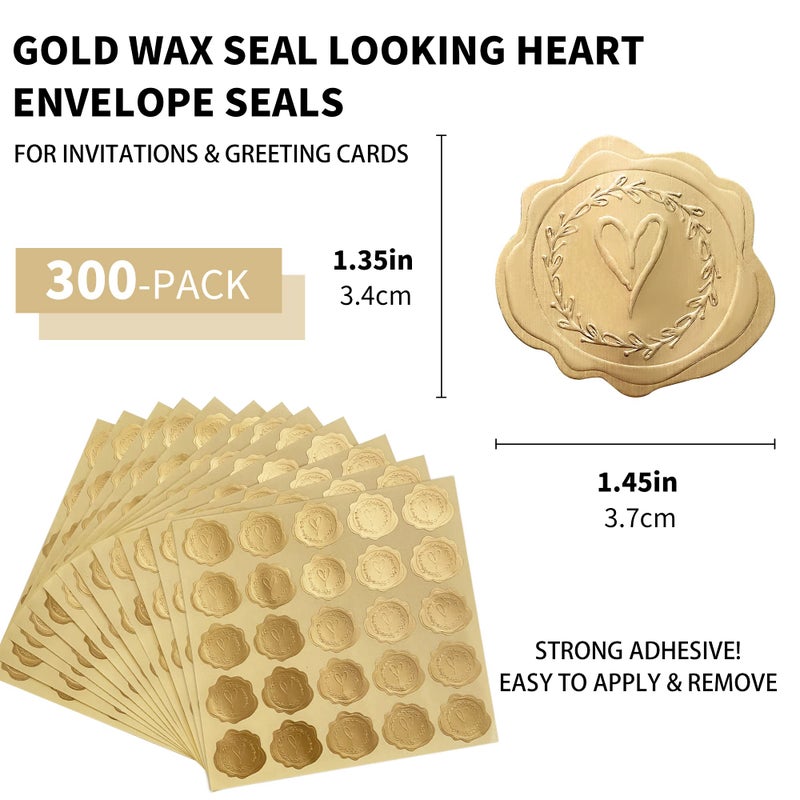 DreamBuilt 300pcs Gold Embossed Wax Seal Looking Heart Envelope Seals for Wedding Invitations/Greeting Cards/Party Favors, Self-Adhesive - Image 2